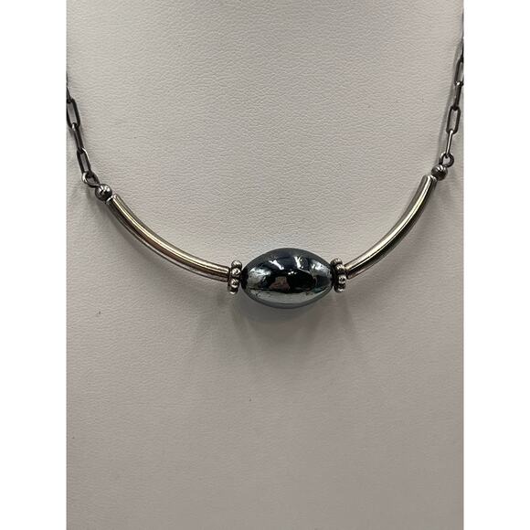 Sterling Silver 925 Artisan Made Chain Center Hematite Bead Accent Necklace - Picture 2 of 11